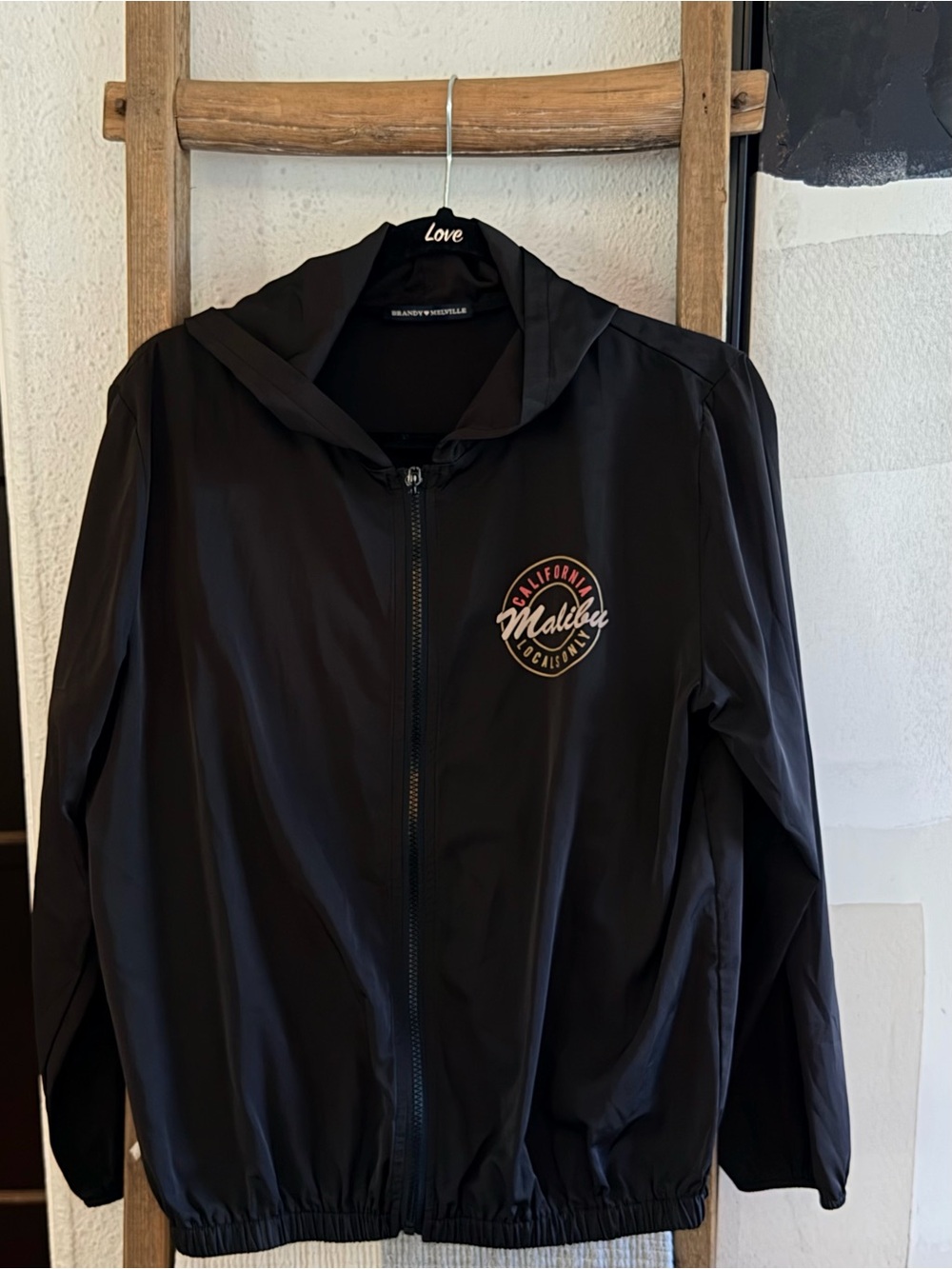 Brandy Melville Black Hooded Windbreaker with Malibu Crest